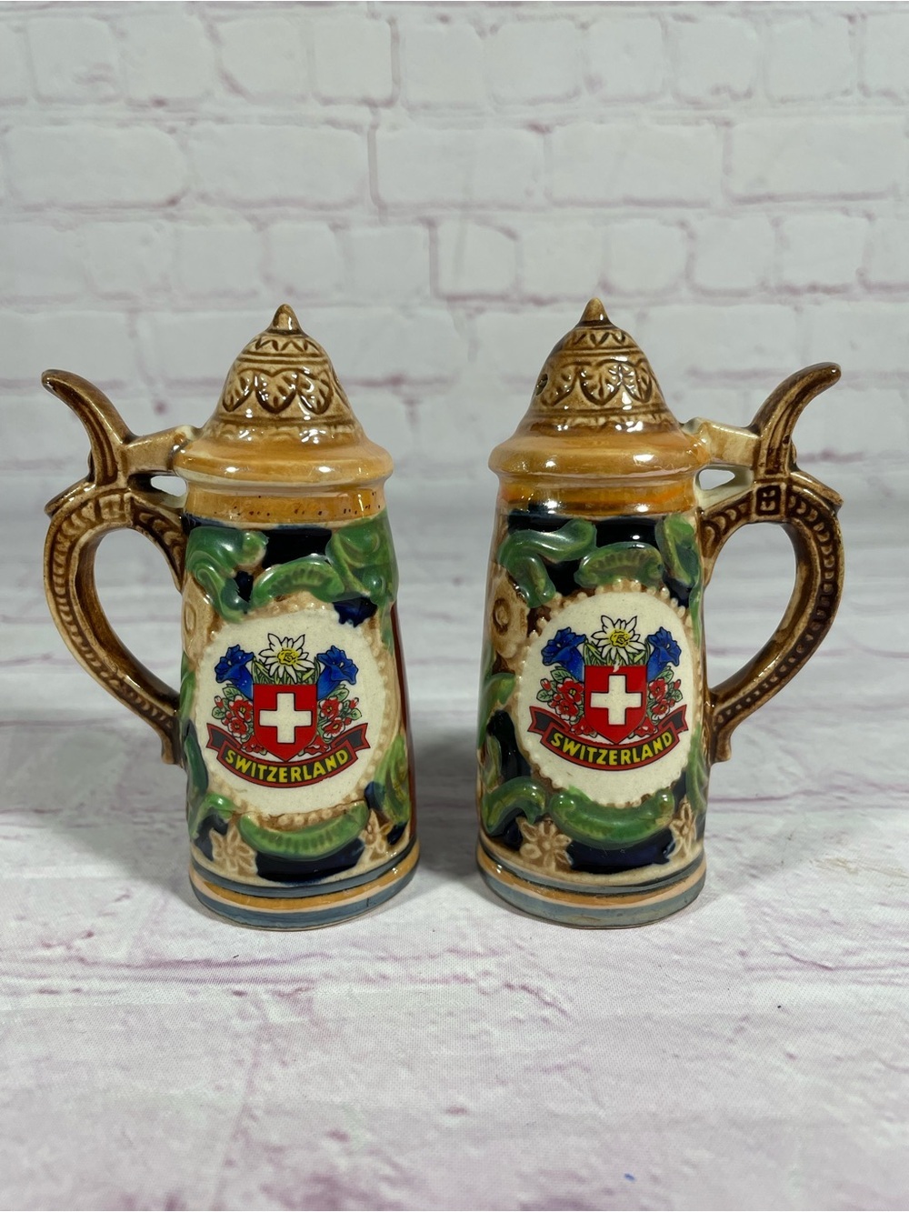 Vintage Switzerland Ceramic Beer Stein Salt and Pepper Shaker Pair